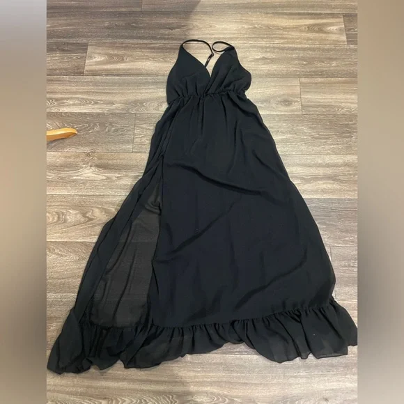 Vintage Sheer Black Maxi Nightgown Deep V Spaghetti Strap Long Chemise L - Picture 9 of 9